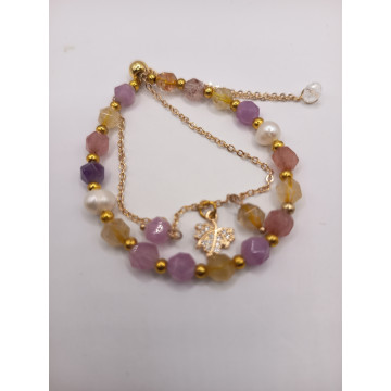 紫水晶+髮晶+草莓晶+珍珠手鍊